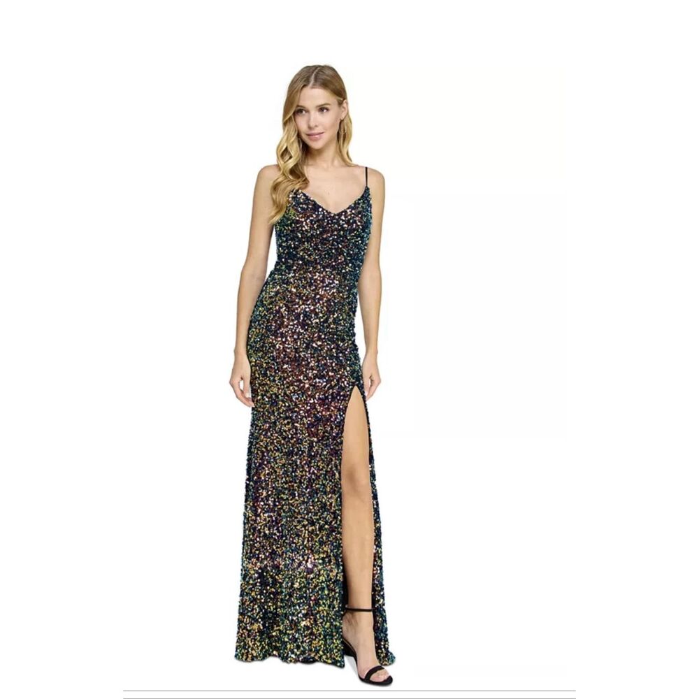 B. Darlin Juniors' Strappy Sequinned Slit-Front Maxi Prom Long Black Dress Sz 3